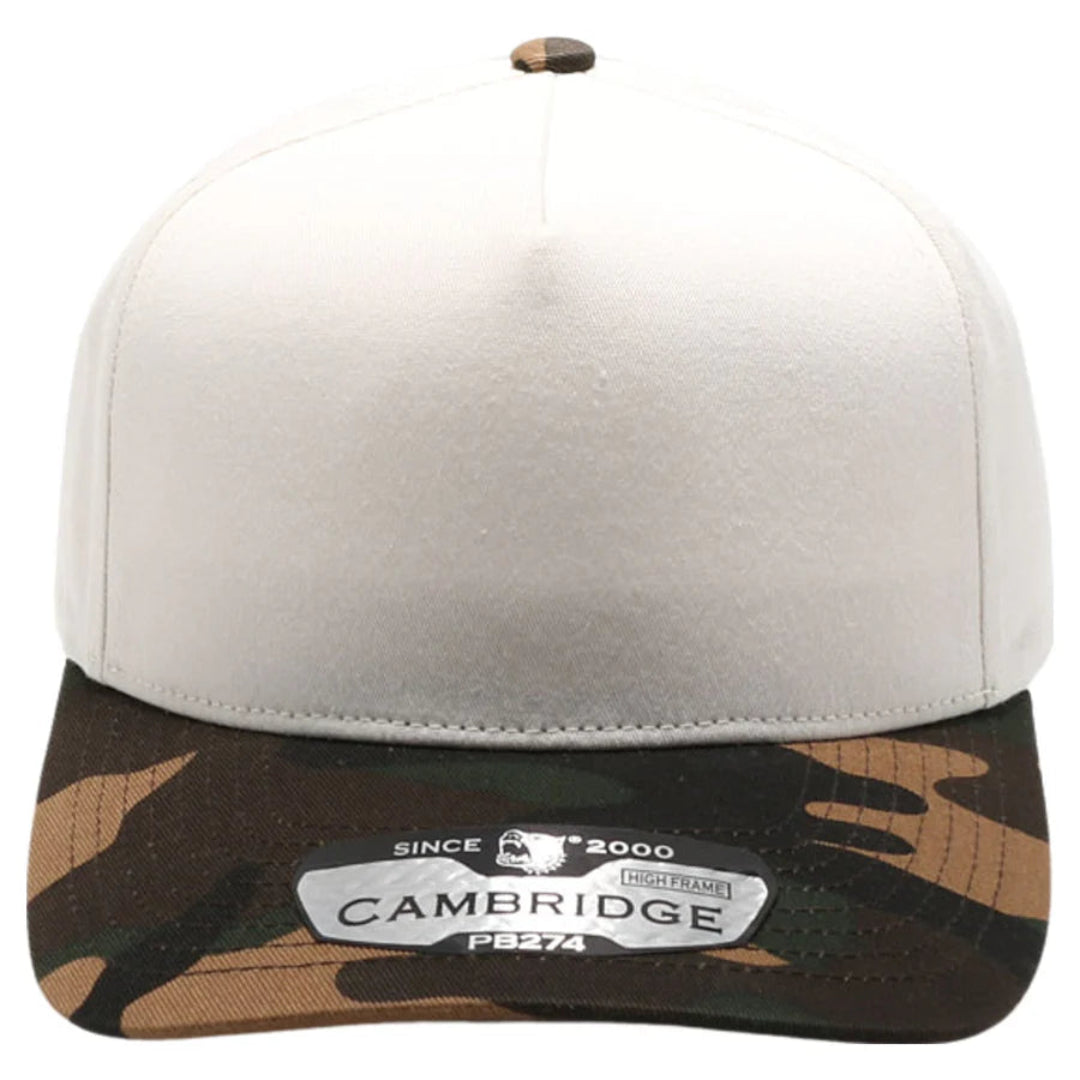 Cap with beige top and camouflage band featuring 'Cambridge' branding on a white background
