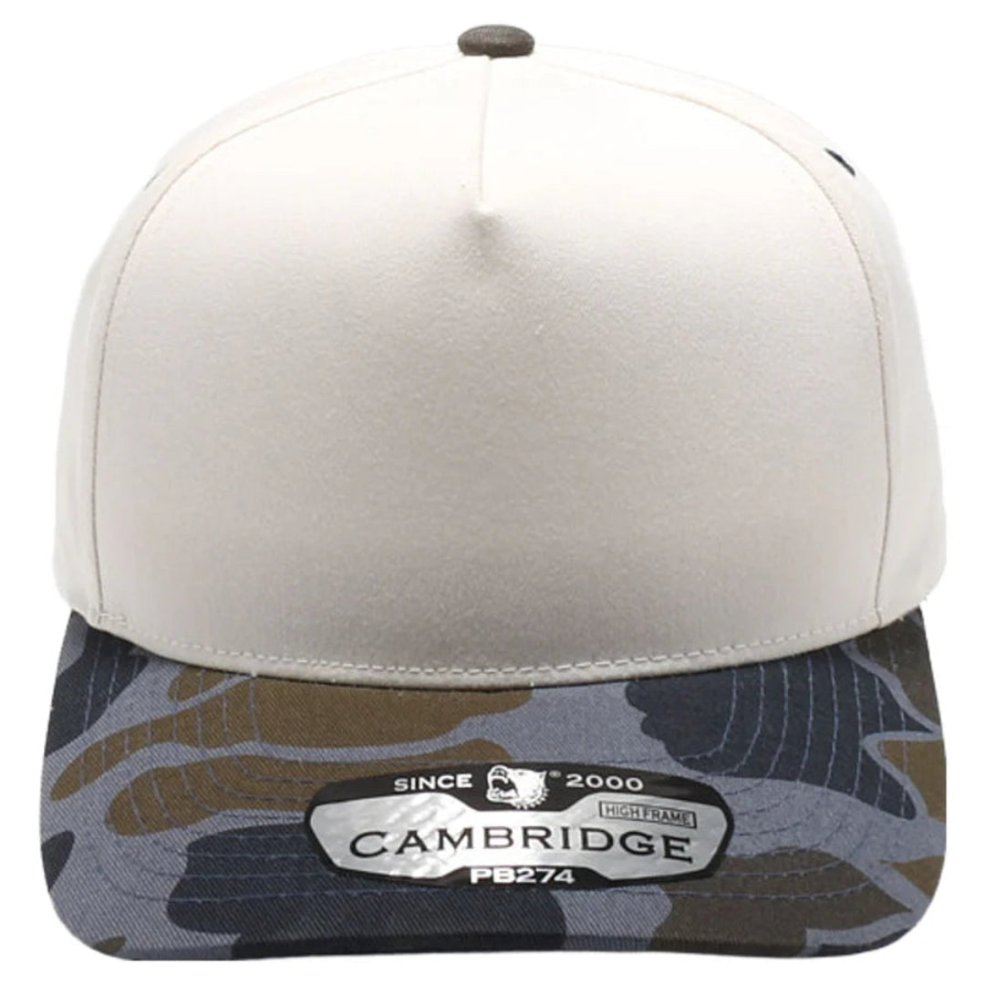 Cap with beige top and camouflage band featuring 'Cambridge' branding on a white background