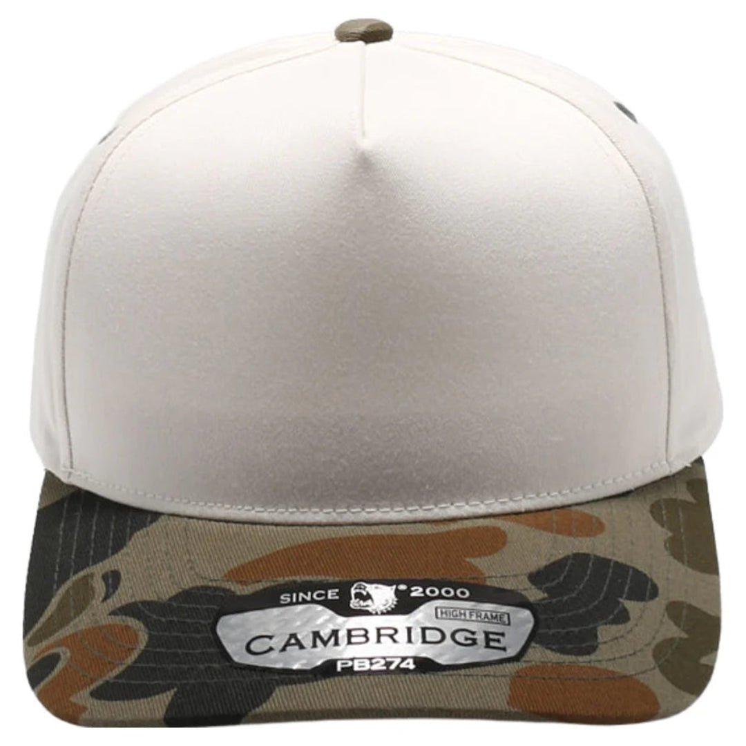 Cap with beige top and camouflage band featuring 'Cambridge' branding on a white background