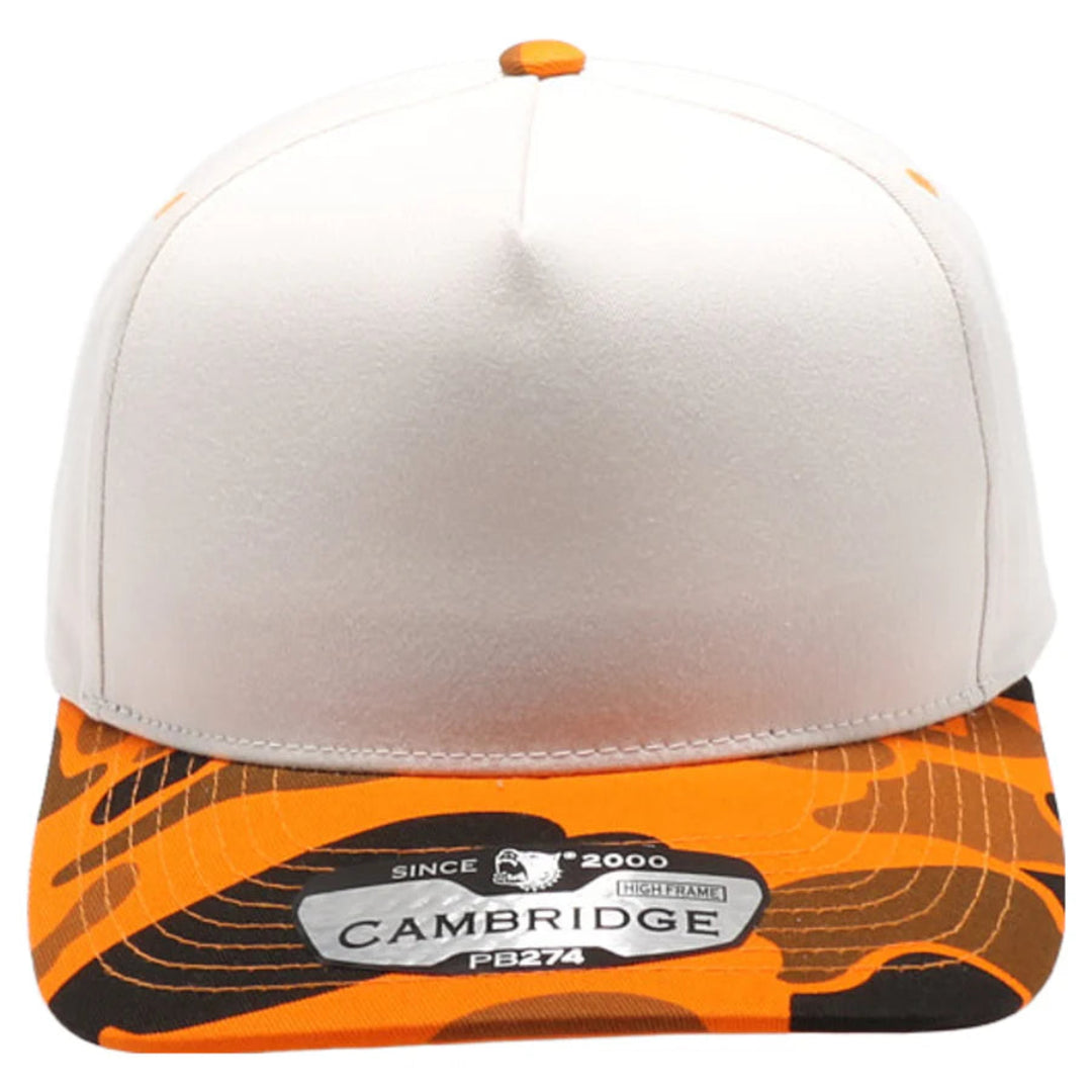 Cap with beige top and camouflage band featuring 'Cambridge' branding on a white background