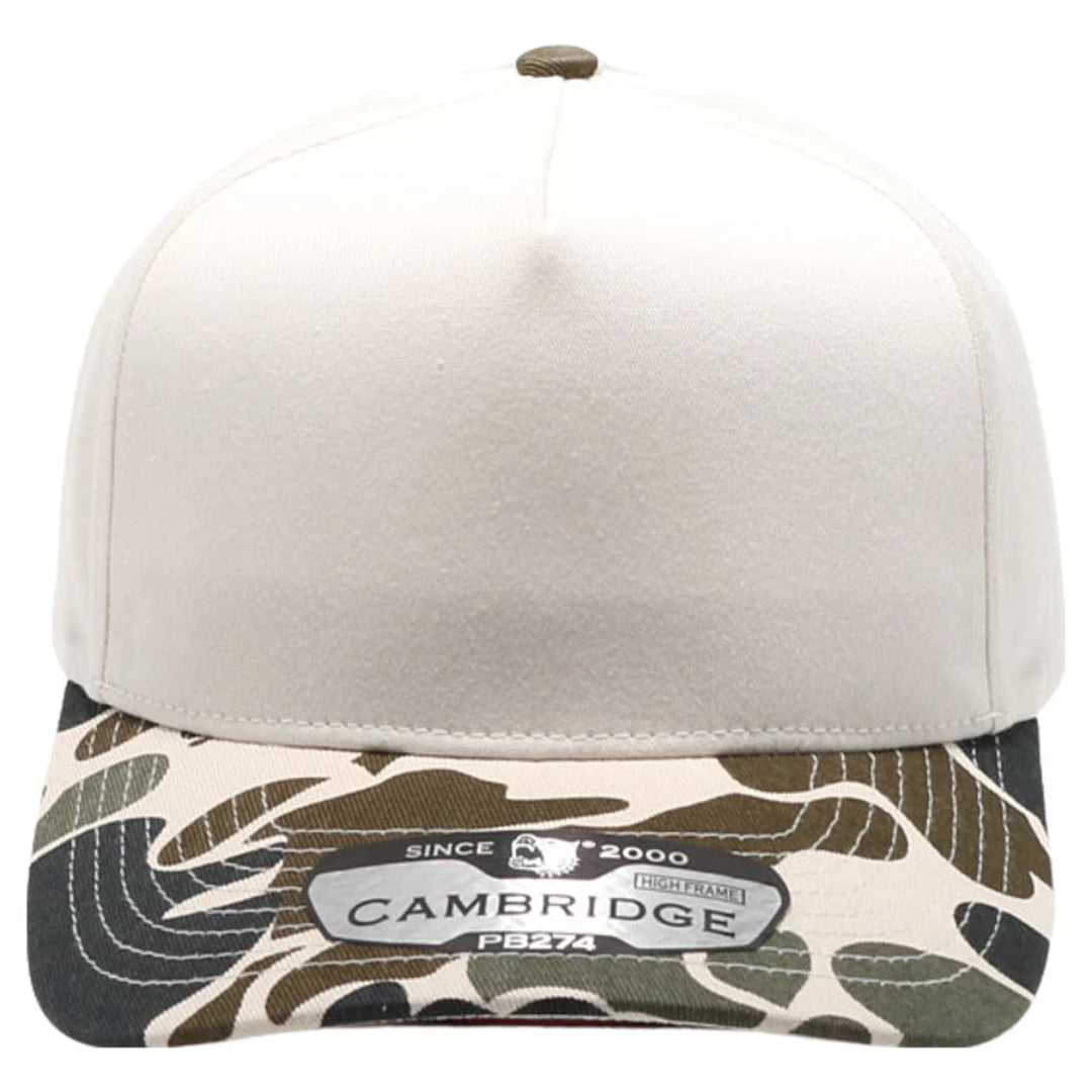 Cap with beige top and camouflage band featuring 'Cambridge' branding on a white background