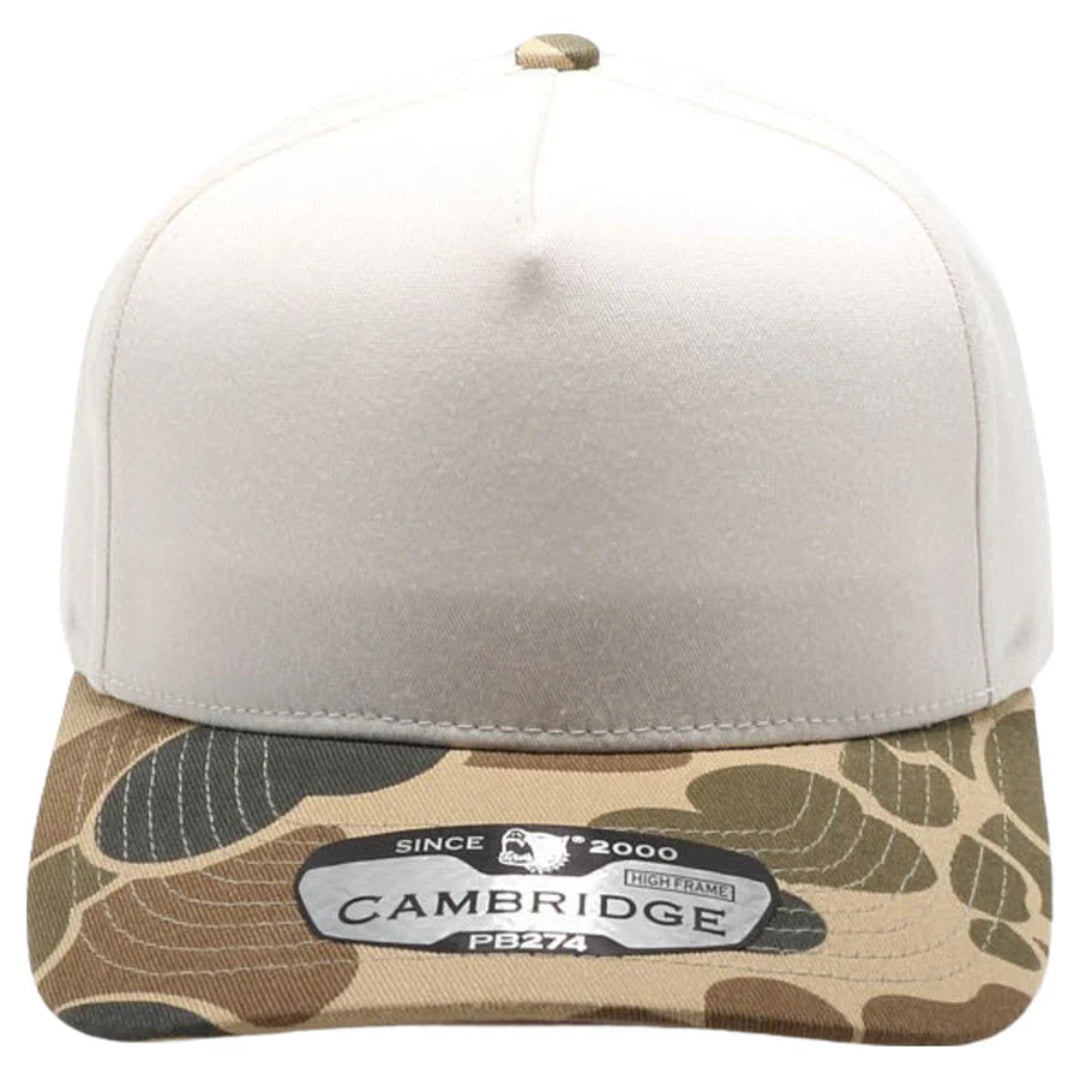 Cap with beige top and camouflage band featuring 'Cambridge' branding on a white background