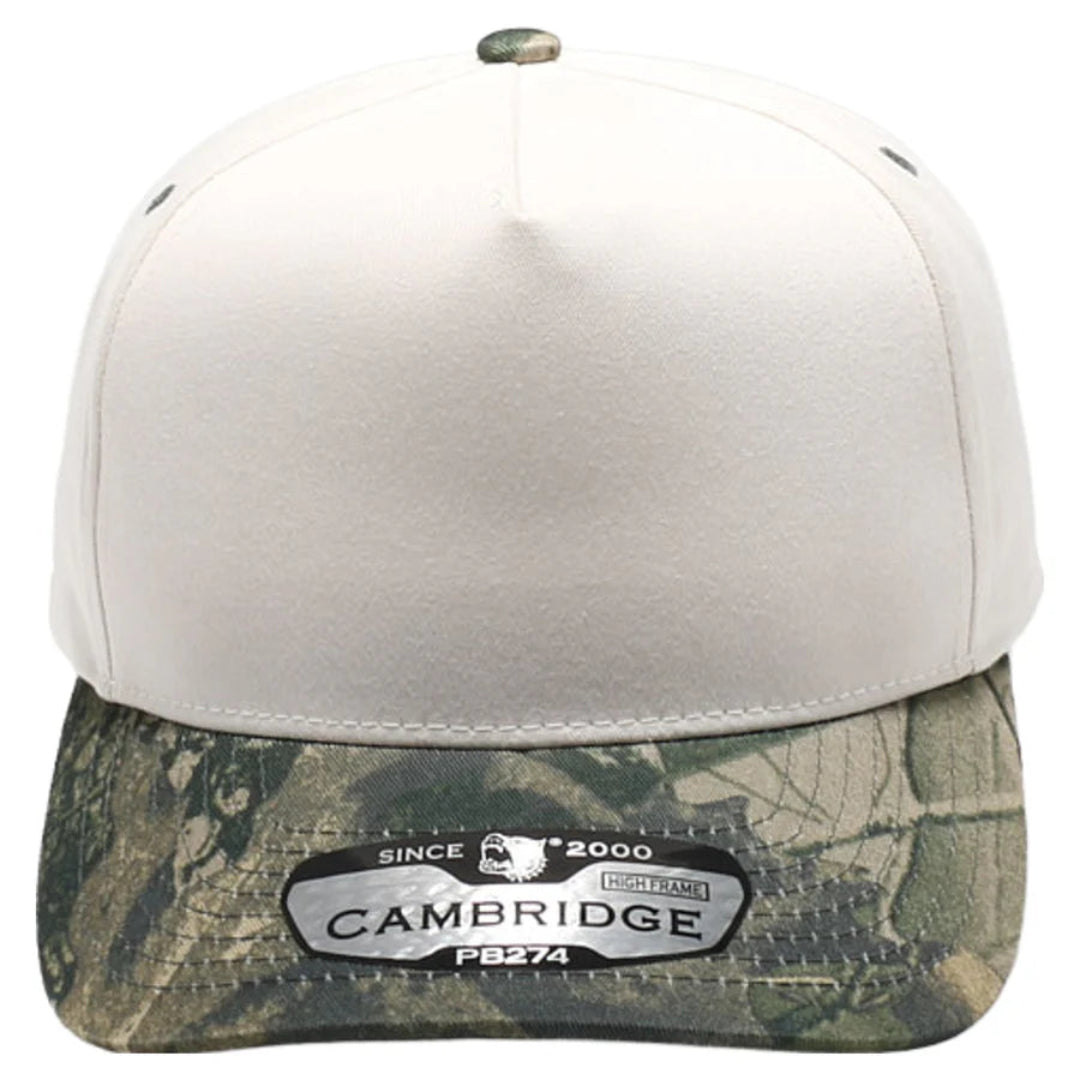 Cap with beige top and camouflage band featuring 'Cambridge' branding on a white background